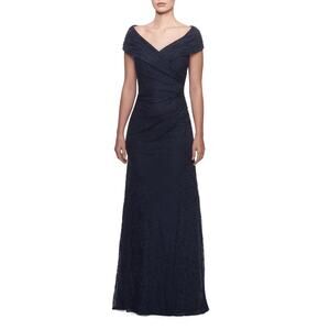 La Femme Navy Blue Lace Portrait Neck Formal Gown 27982 Size 12